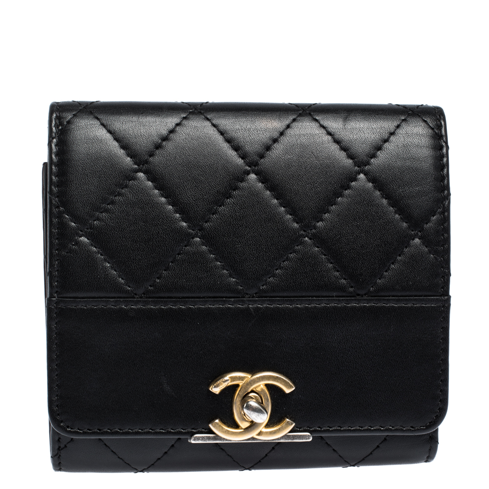 Chanel Black Quilted Leather CC Trifold Wallet