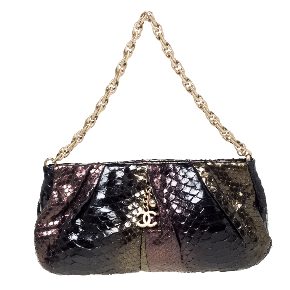 Pre Owned Chanel Metallic Multicolor Pleated Python CC Chain Frame Bag