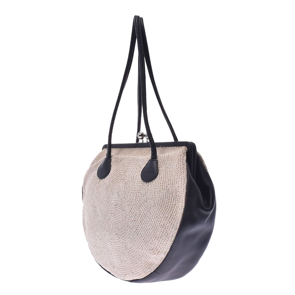 

Chanel Ivory/Black Cotton Leather Pouch Shoulder Bag