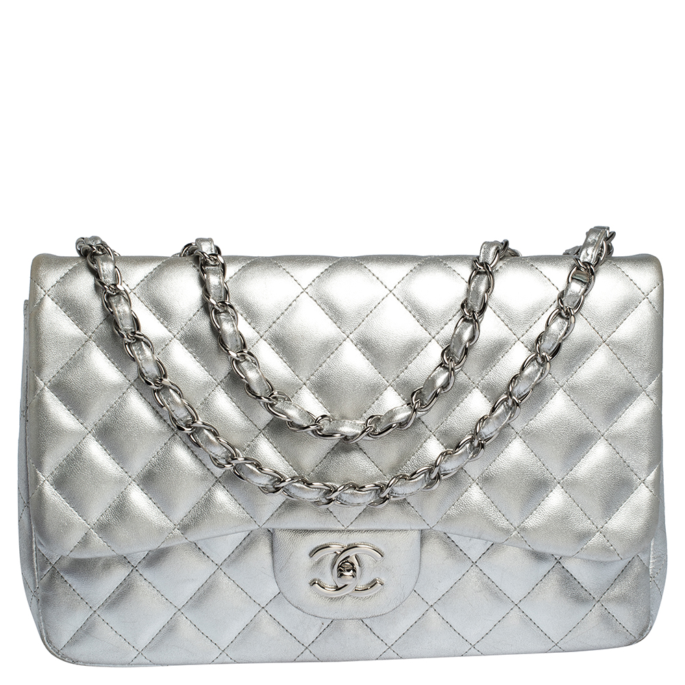 Chanel Silver Quilted Leather Jumbo Classic Single Flap Bag