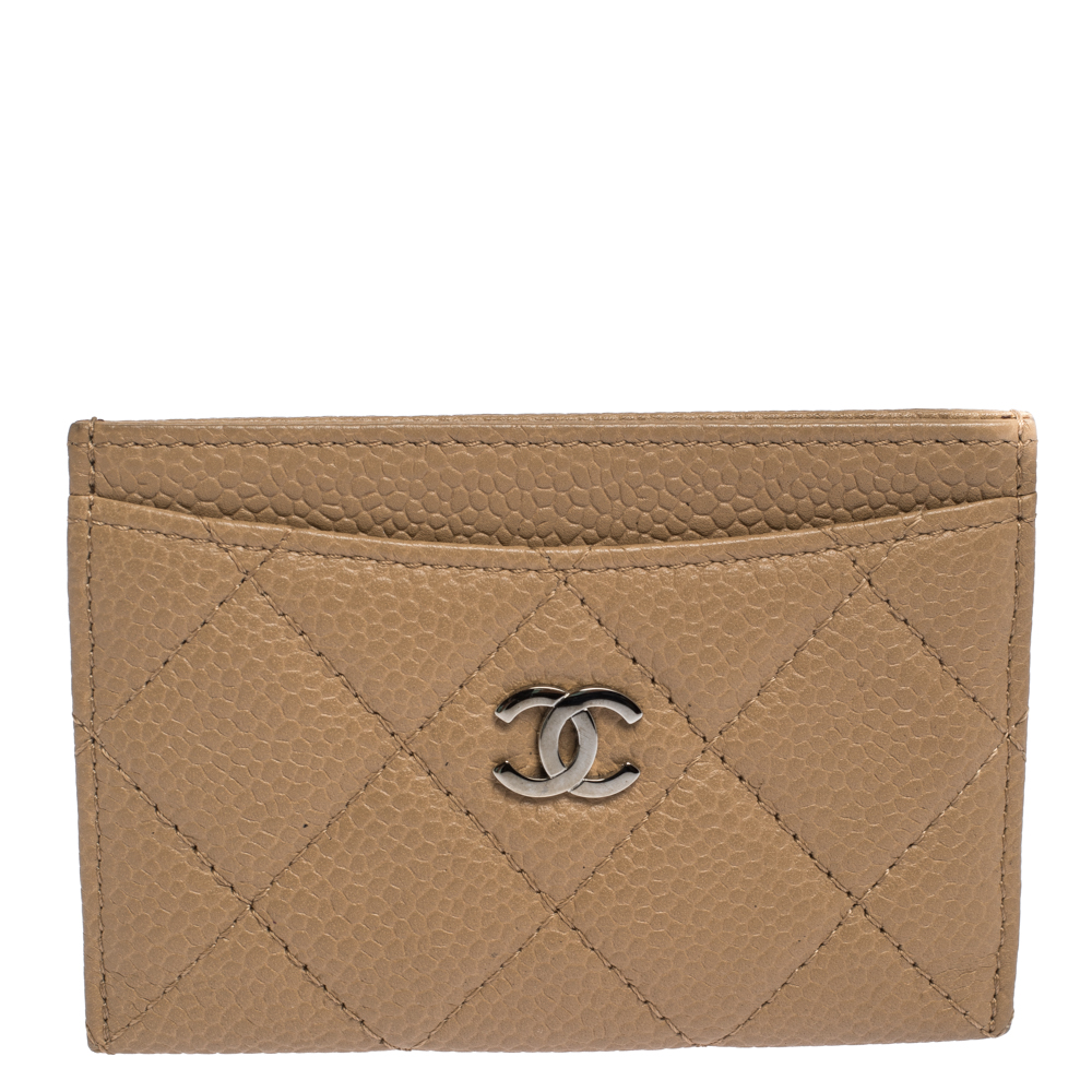 Chanel Beige Quilted Caviar Leather CC Card Case