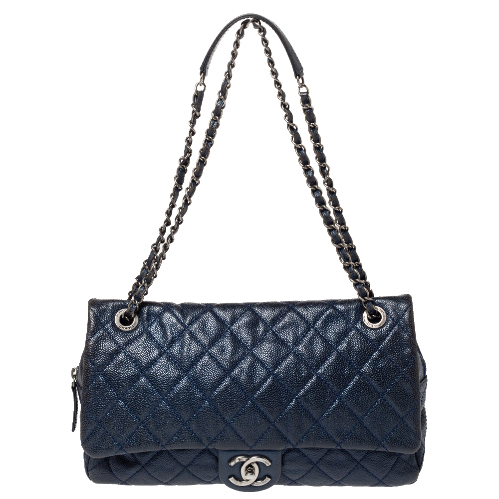 Pre Owned Chanel Metallic Blue Caviar Leather Easy Flap Bag