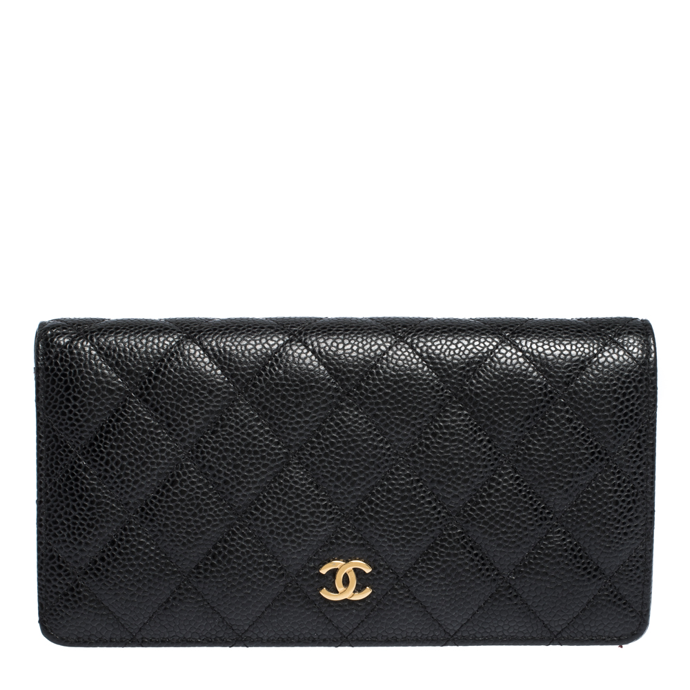 Chanel Black Quilted Caviar Leather L Yen Continental Wallet