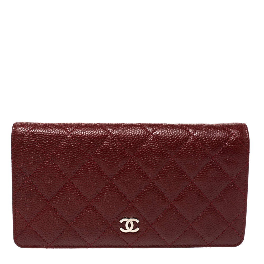 Pre Owned Chanel Burgundy Quilted Caviar Leather L Yen Continental Wallet