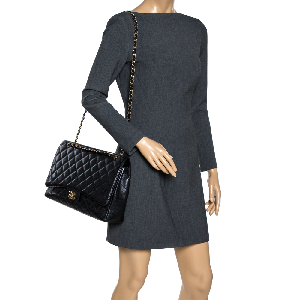 

Chanel Black Quilted Caviar Leather Maxi Classic Single Flap Bag
