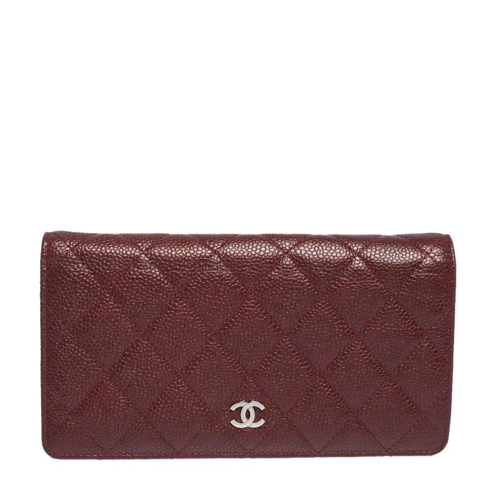 Chanel Burgundy Quilted Caviar Leather CC Yen Continental Wallet