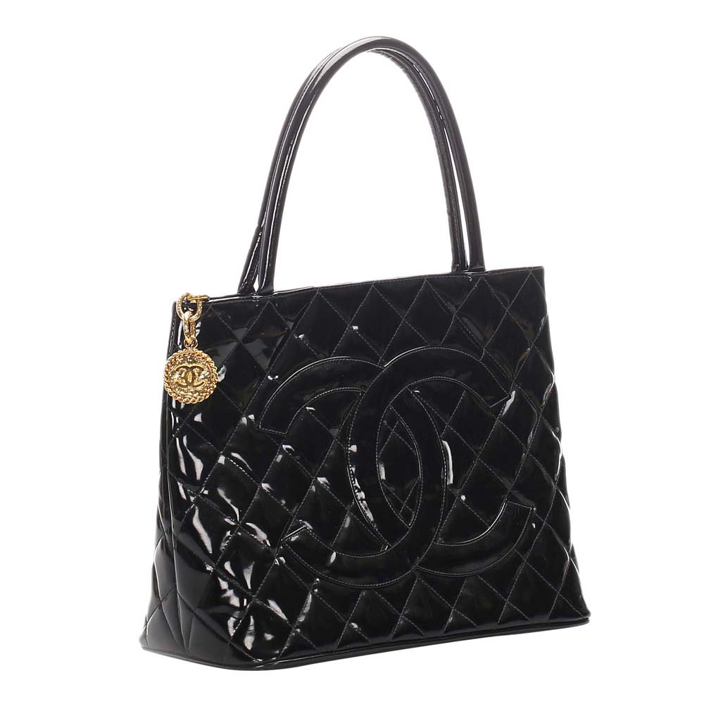 

Chanel Black Patent Leather Medallion Tote Bag
