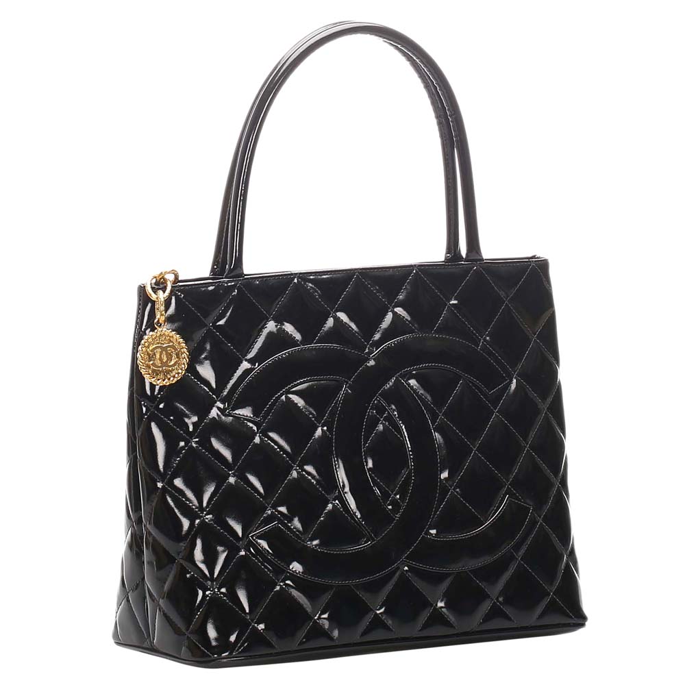 

Chanel Black Patent Leather Medallion Tote Bag