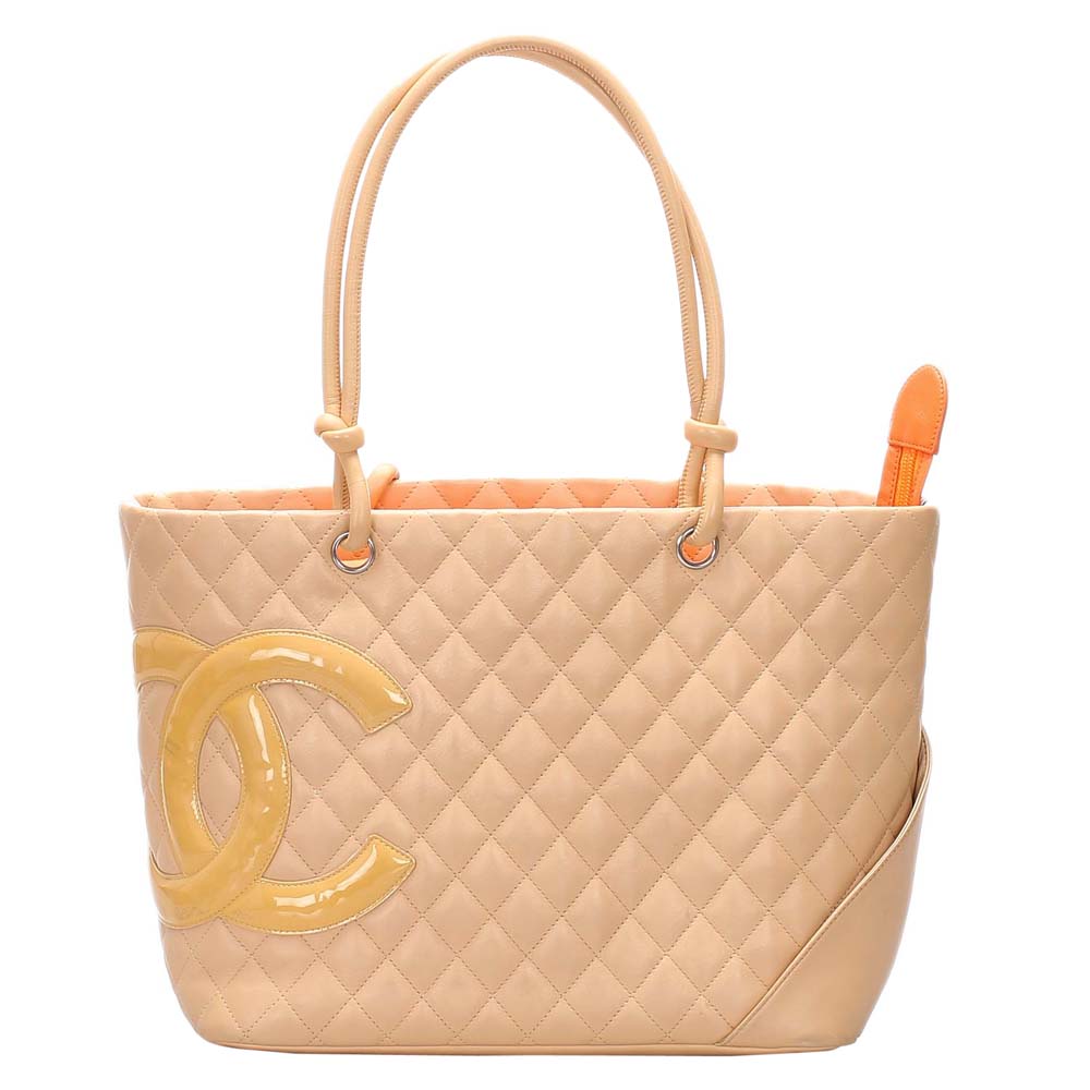 CHANEL BROWN/BEIGE LAMBSKIN LEATHER CAMBON LIGNE TOTE BAG