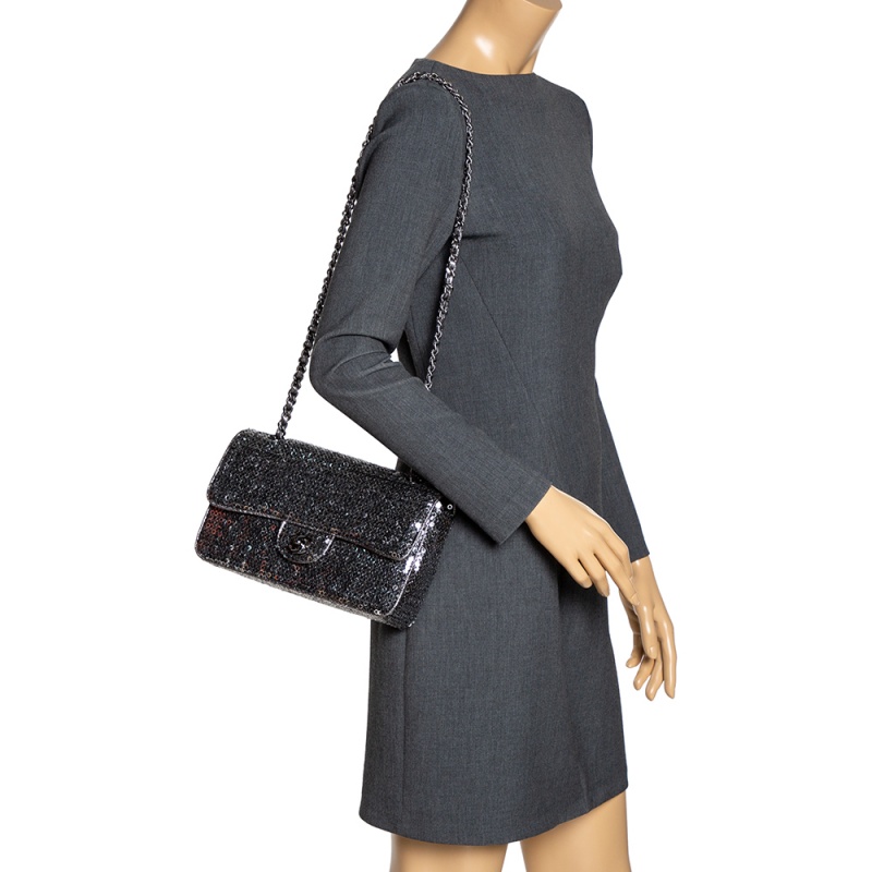 

Chanel Silver/Black Sequins Medium Classic Single Flap Bag