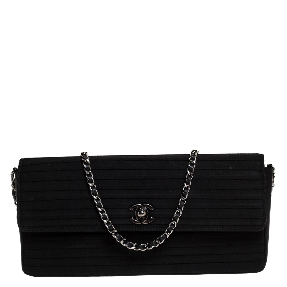 Pre Owned Chanel Black Striped Satin Flap Chain Bag