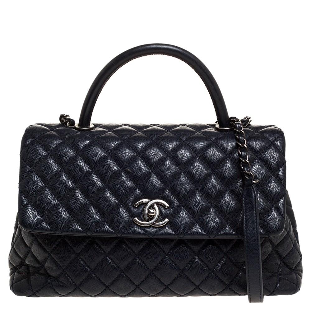 Pre Owned Chanel Navy Blue Caviar Leather Coco Top Handle Bag