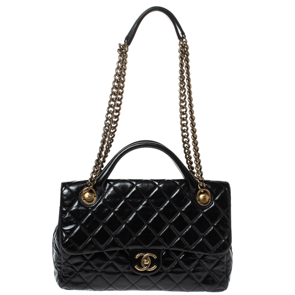 Pre Owned Chanel Black Quilted Glazed Leather Medium Castle Rock Top Handle Bag