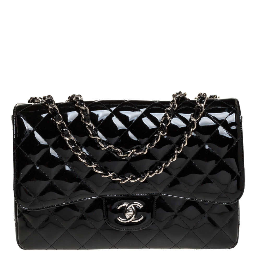 Pre Owned Chanel Black Quilted Patent Leather Jumbo Classic Single Flap Bag