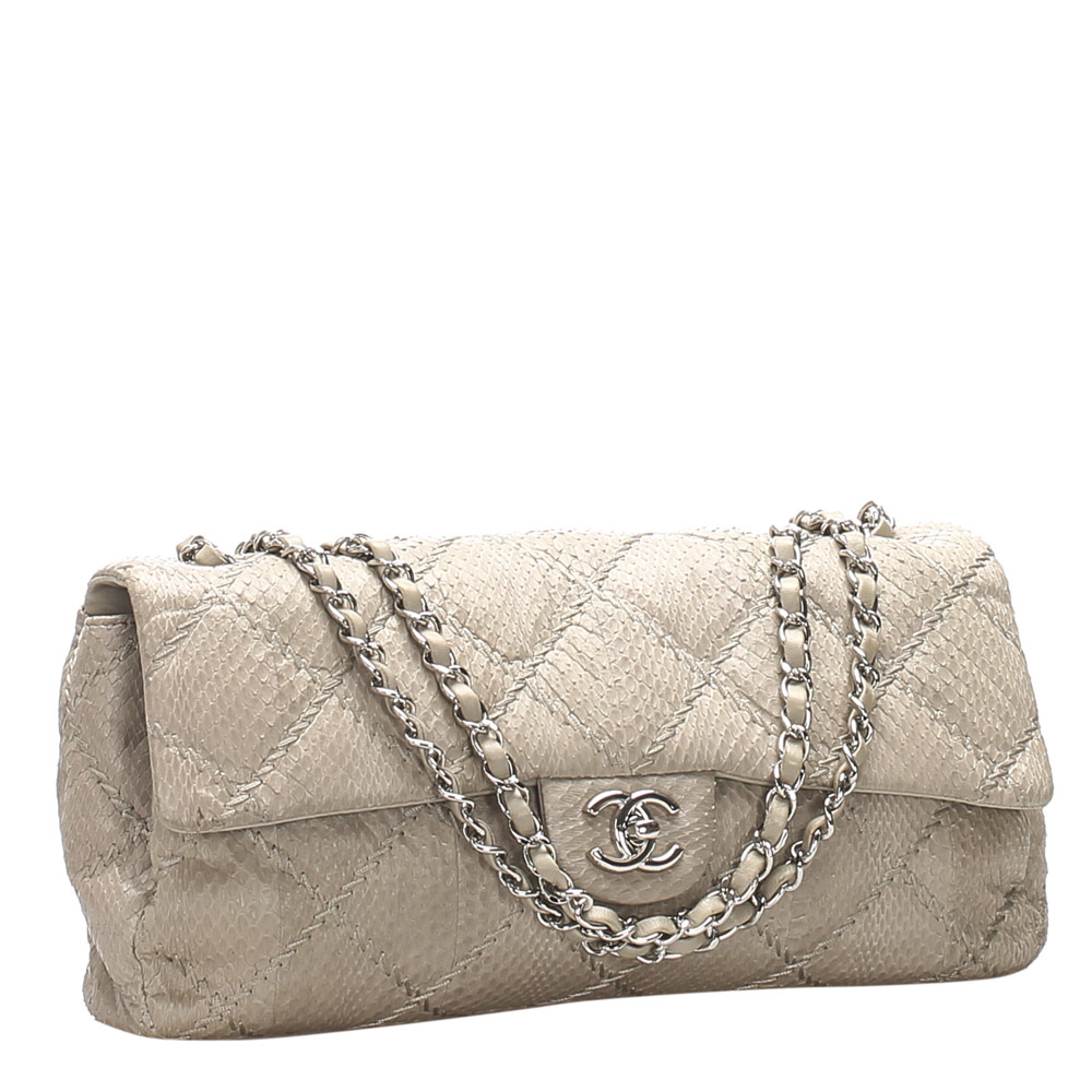 

Chanel White Leather Classic East West Ultra Stitch Snake Skin Single Flap Bag