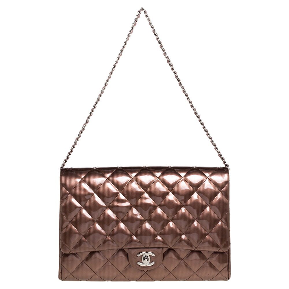 Chanel Metallic Bronze Quilted  Patent Leather Flap Chain Clutch