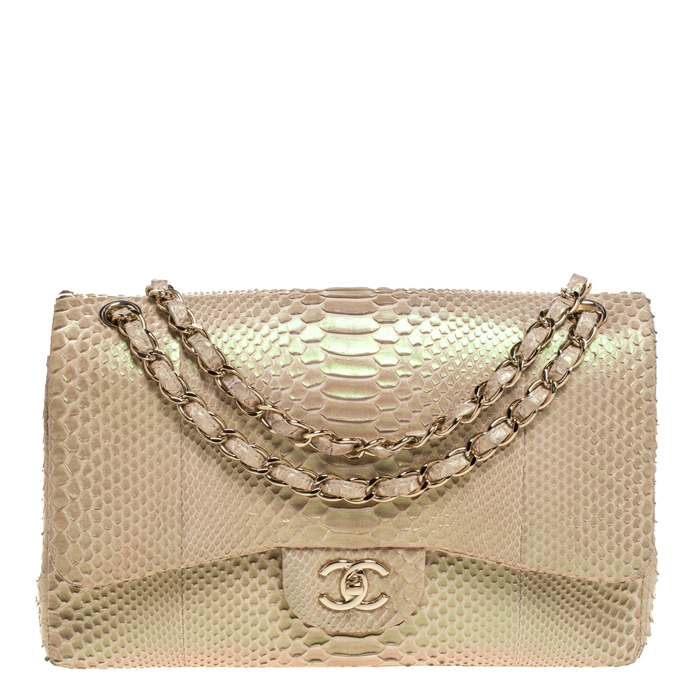 Chanel Shimmer Beige Python Jumbo Classic Double Flap Bag