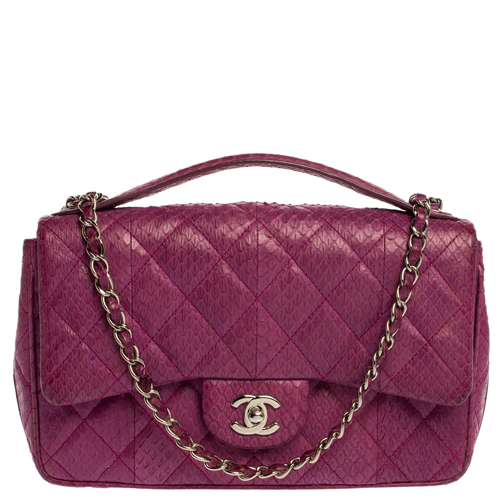 Pre Owned Chanel Purple Python CC Flap Top Handle Bag