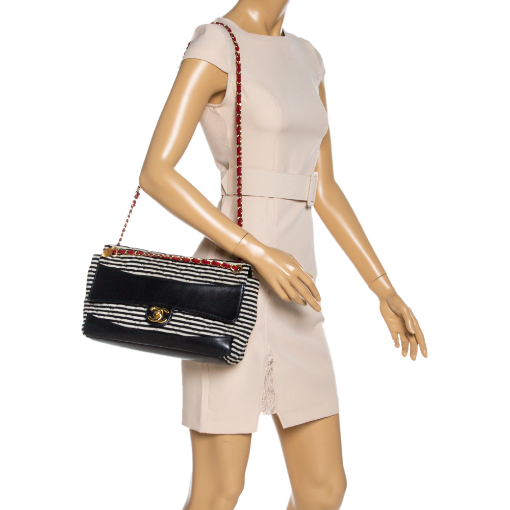 

Chanel Tricolor Striped Jersey and Leather Jumbo Coco Sailor Flap Bag, Multicolor