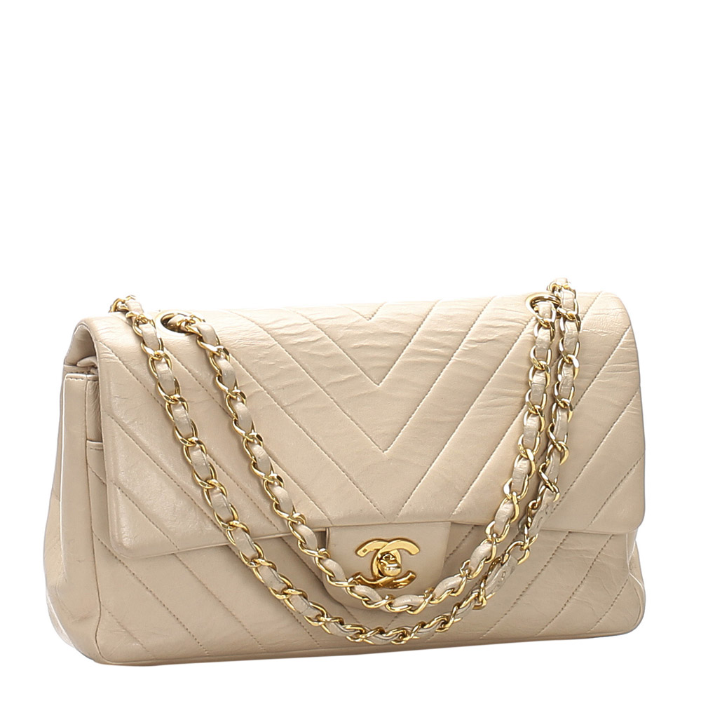

Chanel Beige Chevron Leather Medium Double Flap Bag