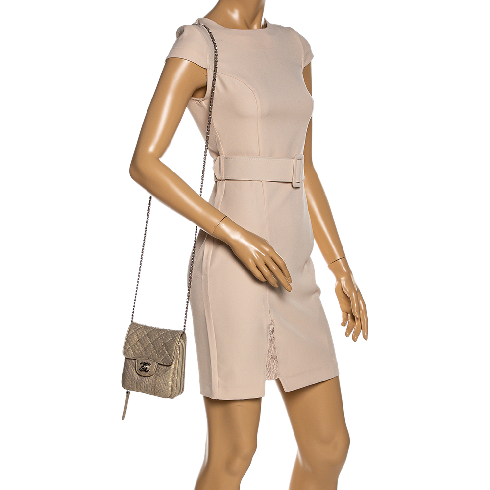 

Chanel Beige Shimmer Python Zip Around Square Chain Bag