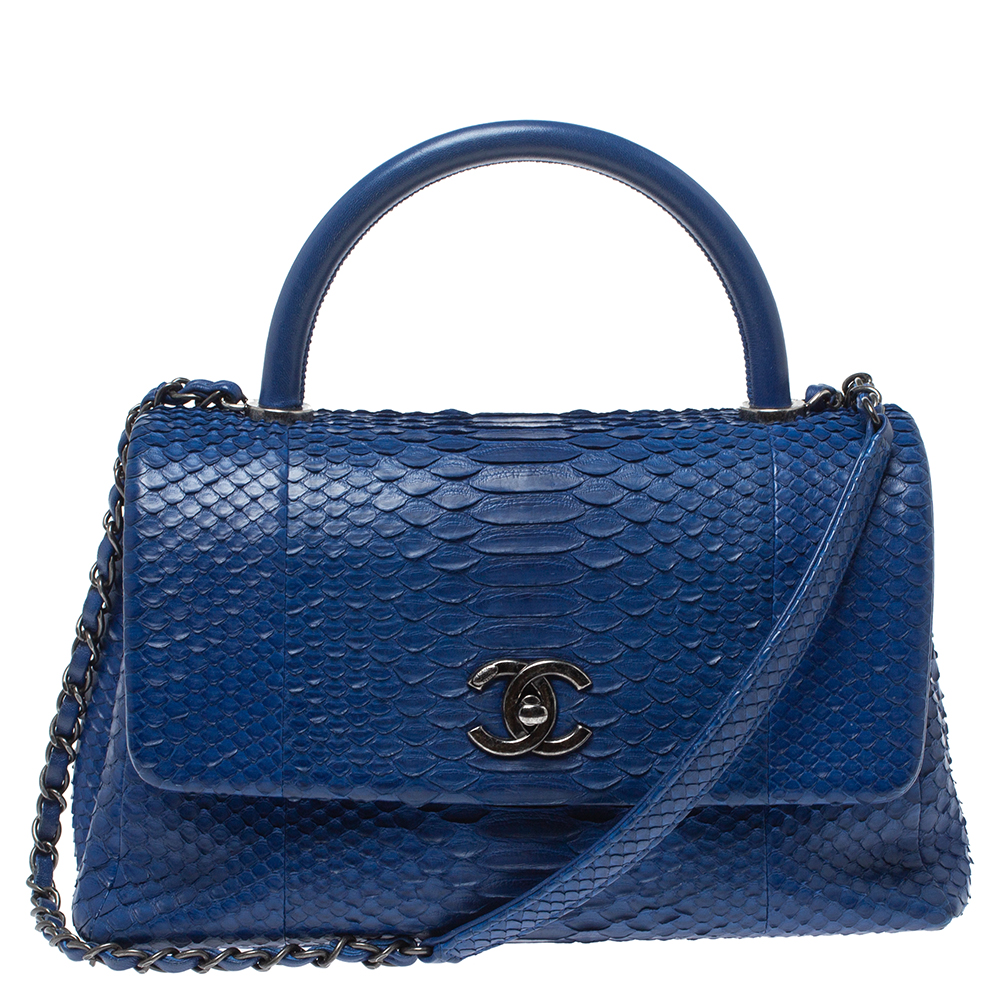Pre Owned Chanel Royal Blue Python CC Flap Top Handle Bag