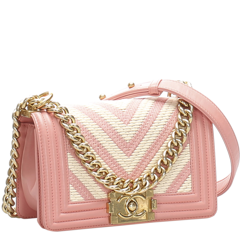 

Chanel Pink/White Lambskin Leather Small Boy Braided Chevron Flap Bag