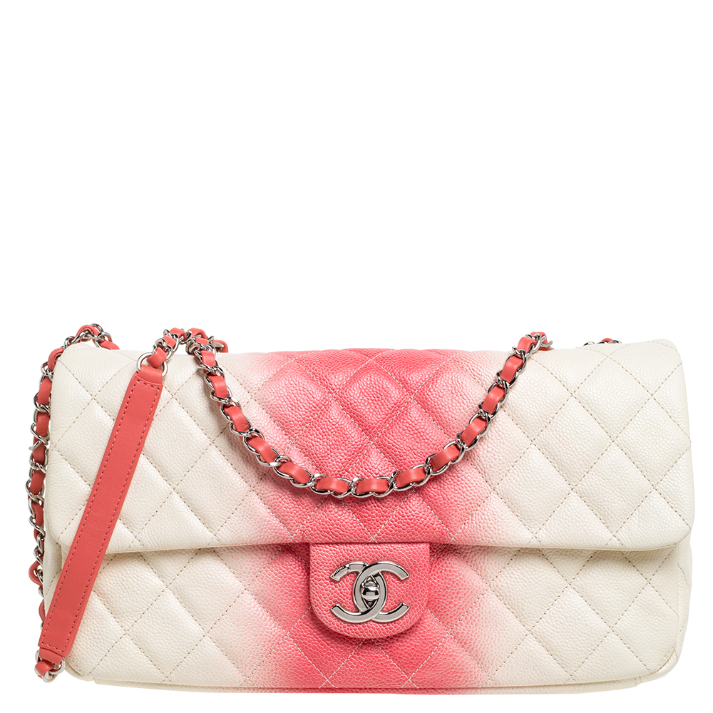 Pre Owned حقيبة شانيل "جامبو كلاسيك" قلاب واحد جلد كافيار مبطن أومبري وردي و أبيض