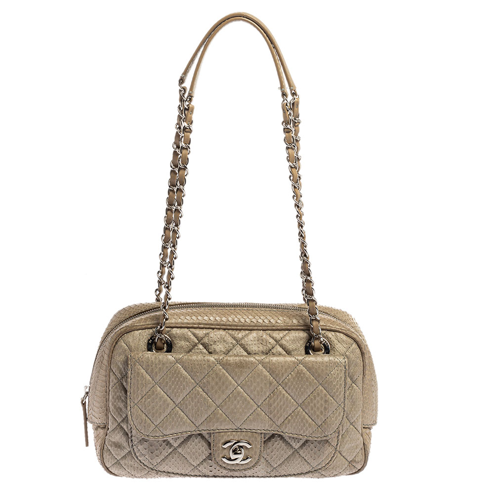 Chanel Light Grey Python Front Pocket Shoulder Bag
