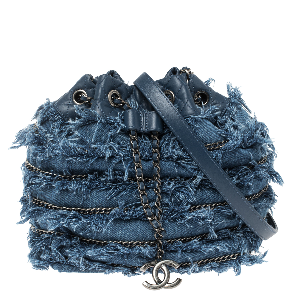 Pre Owned Chanel Blue Denim CC Fringe Drawstring Bucket Bag