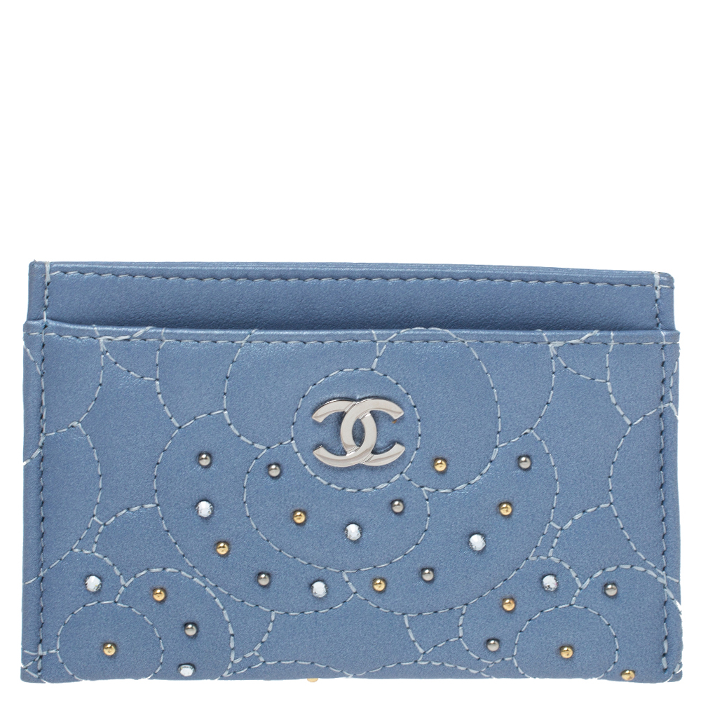 Pre Owned Chanel Light Blue Leather Crystal Embellished Camellia Embossed Card Holder