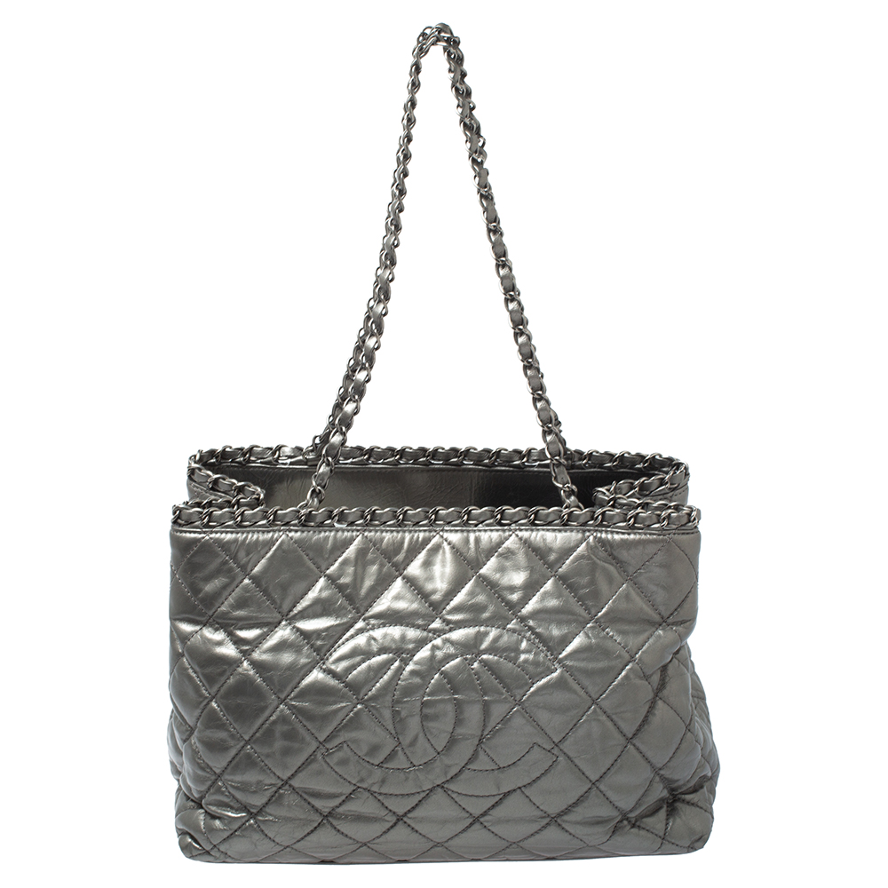 Chanel Grey Glazed Quilted Leather Chain Me Tote