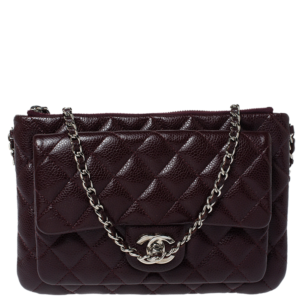 Pre Owned Chanel Dark Burgundy Quilted Caviar Leather Front Pocket Chain Bag
