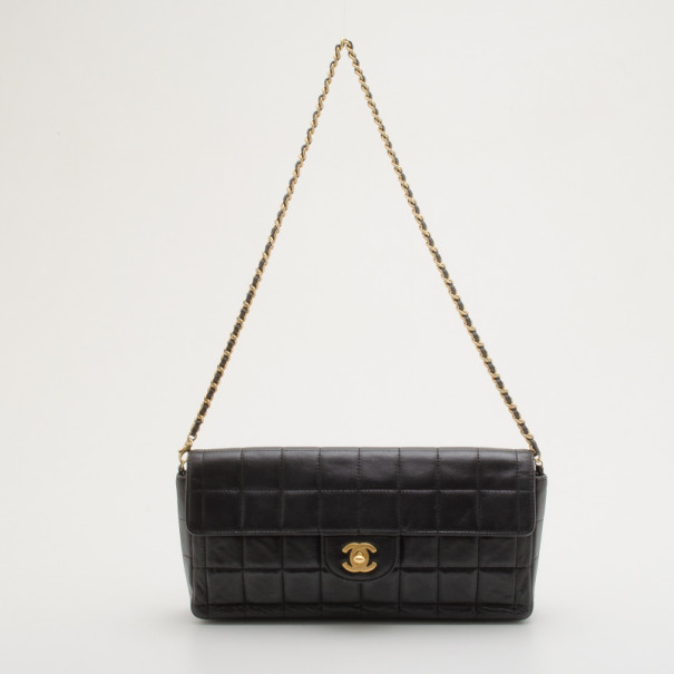 Pre Owned Chanel Black Chocolate Bar Quilted East West Flap Bag