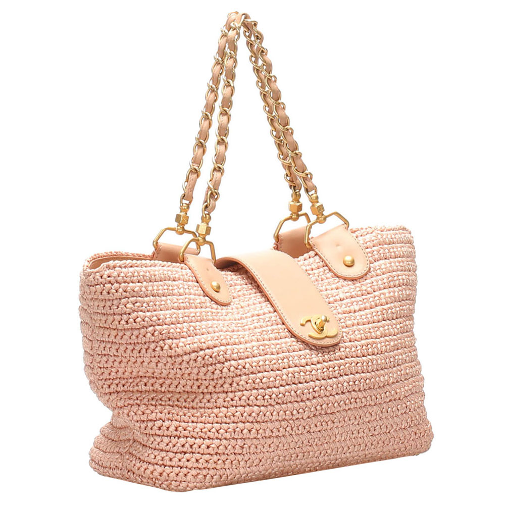 

Chanel Pink Leather CC Raffia Bag