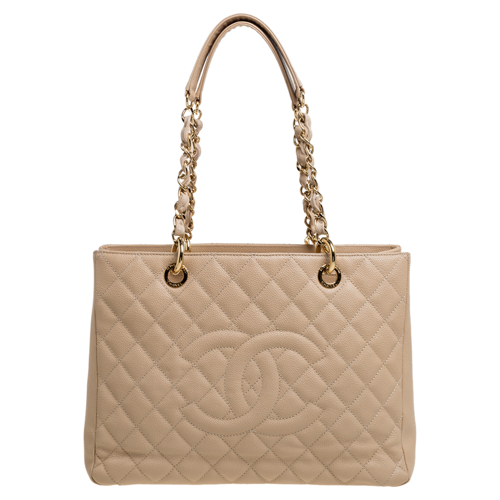 Chanel Beige Quilted Caviar Leather Grand Shopping Tote