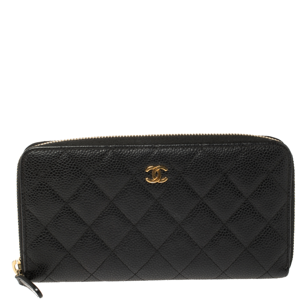 Pre Owned Chanel Black Quilted Caviar Leather CC Zip Around Wallet