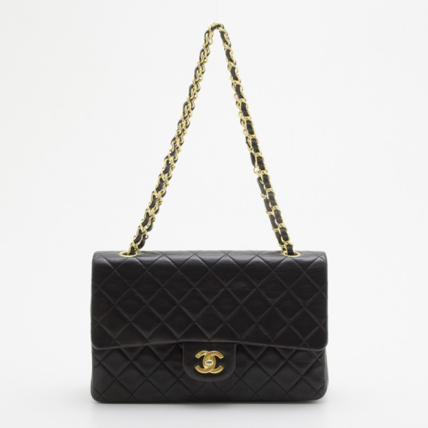 Pre Owned Chanel Vintage Black Lambskin Medium Flap Bag