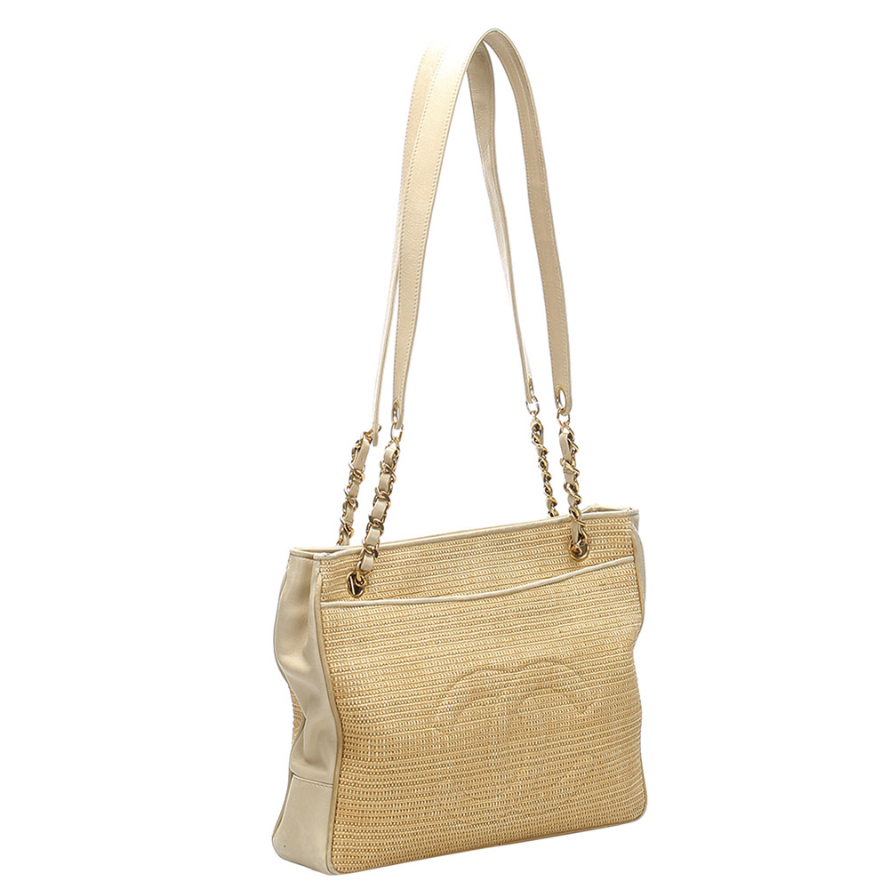 

Chanel Beige Straw and Leather Vintage CC Tote Bag