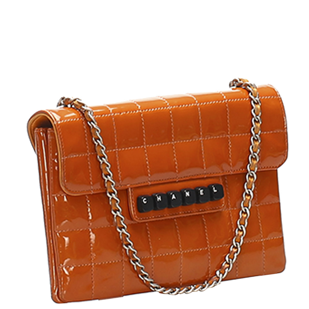 

Chanel Orange Choco Bar Patent Leather Flap Bag