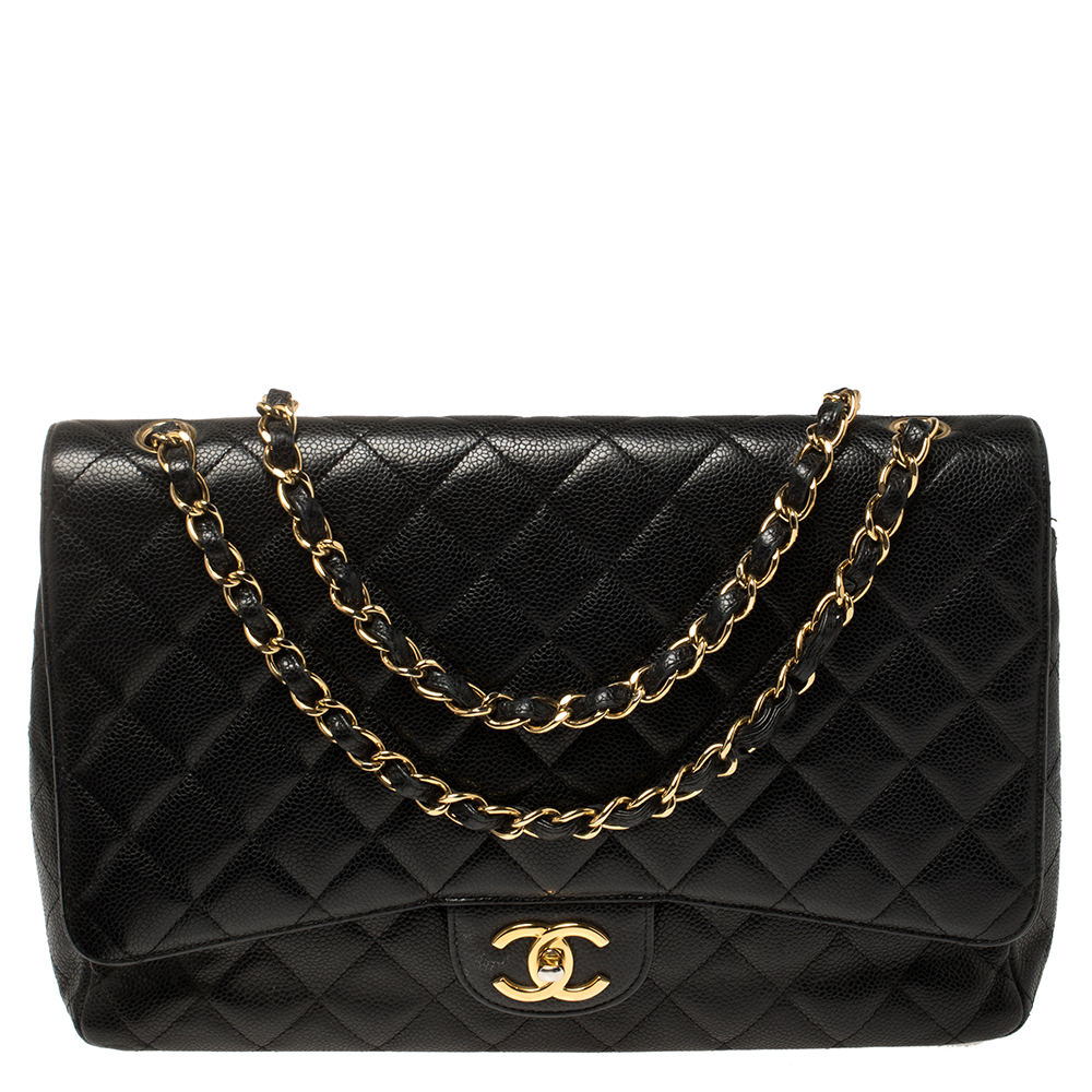 مملوكة مسبقًا Chanel Black Quilted Caviar Leather Maxi Classic Double Flap Bag