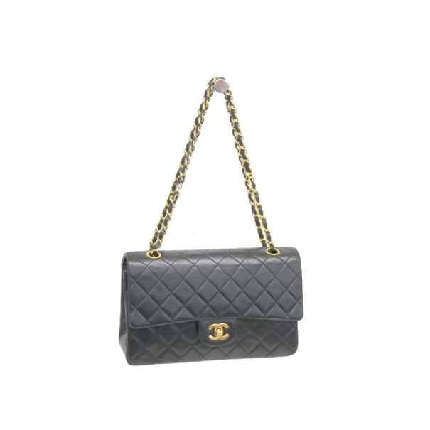 Pre Owned Chanel Black Lambskin Medium Classic Flap Bag