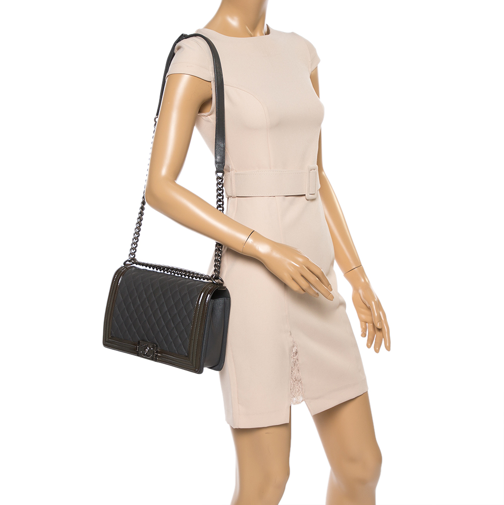 

Chanel Grey/Olive Green Quilted Leather and Patent Leather New Medium Boy Flap Bag