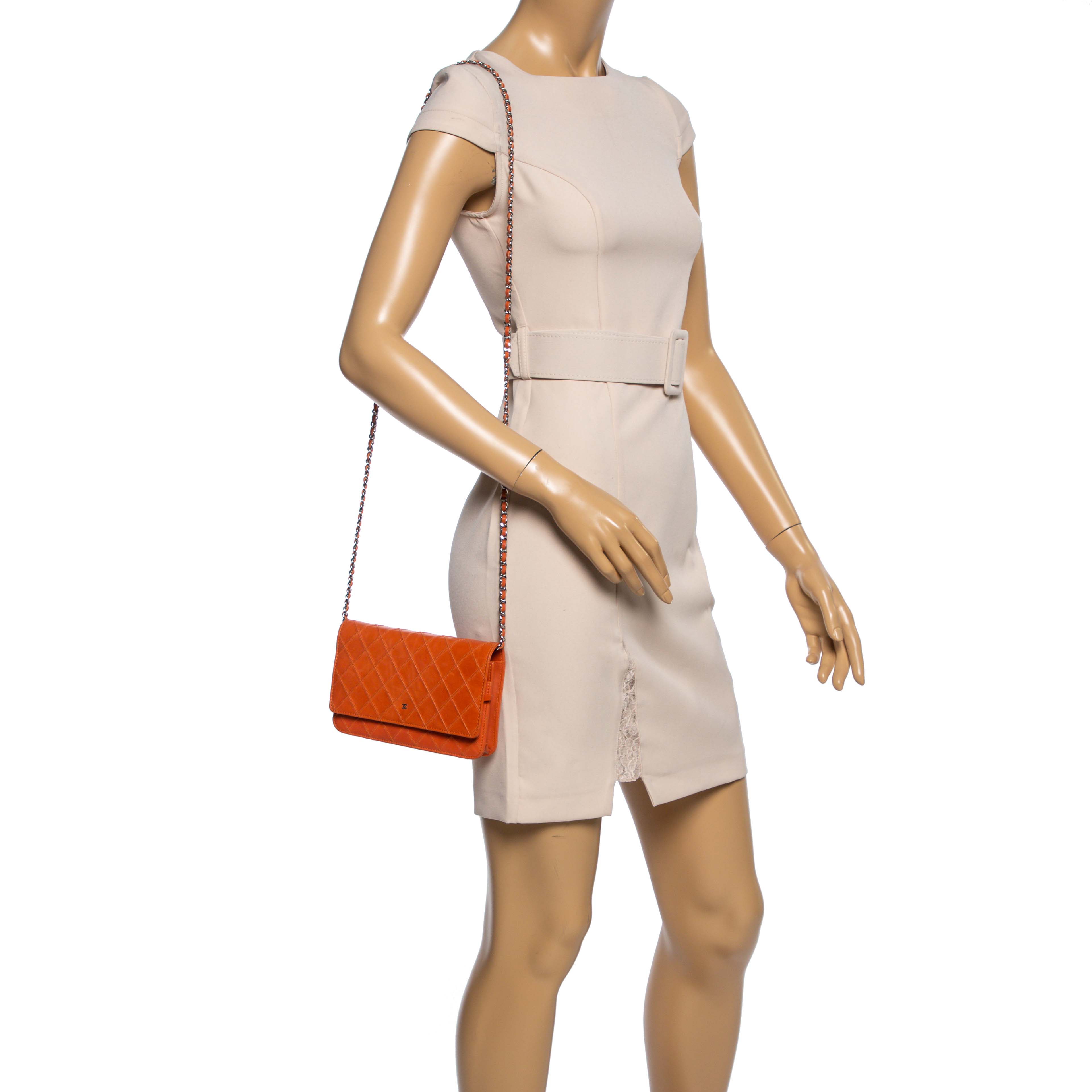 

Chanel Orange Quilted Leather CC Flap Wallet On Chain