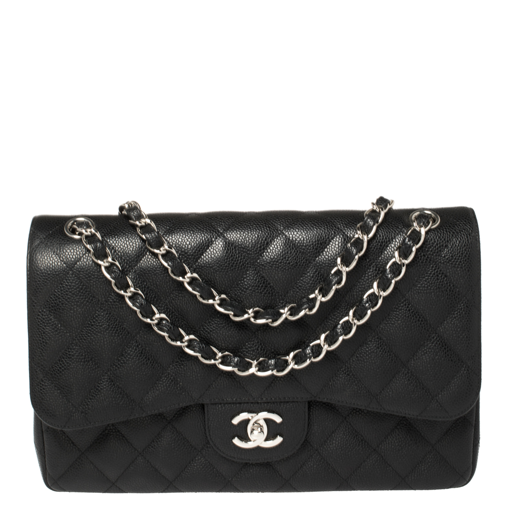 Pre Owned Chanel Black Quilted Caviar Leather Jumbo Classic Double Flap Bag