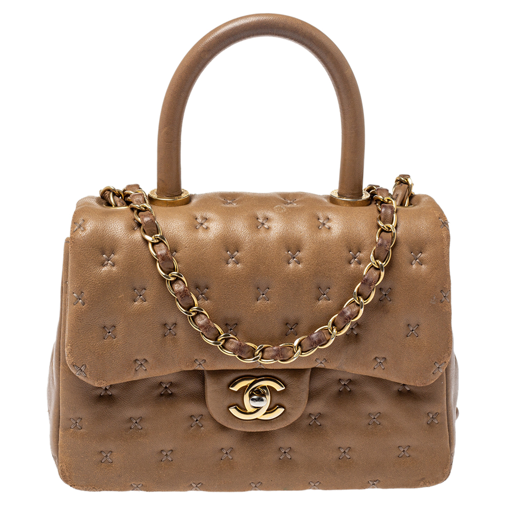 Pre Owned Chanel Beige Leather Paris-Rome Coco Top Handle Bag
