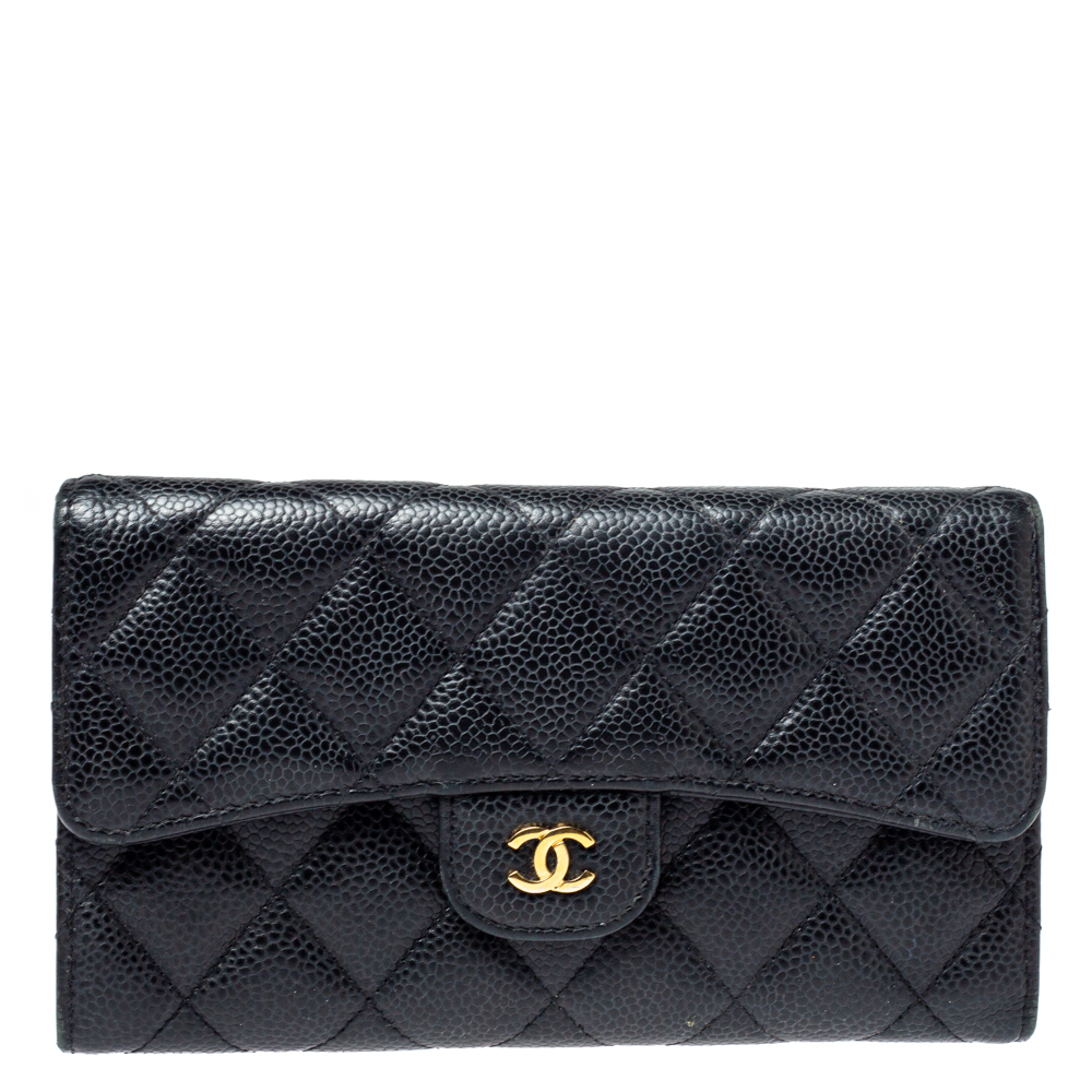 Pre Owned Chanel Black Quilted Caviar Leather Classic Flap Wallet