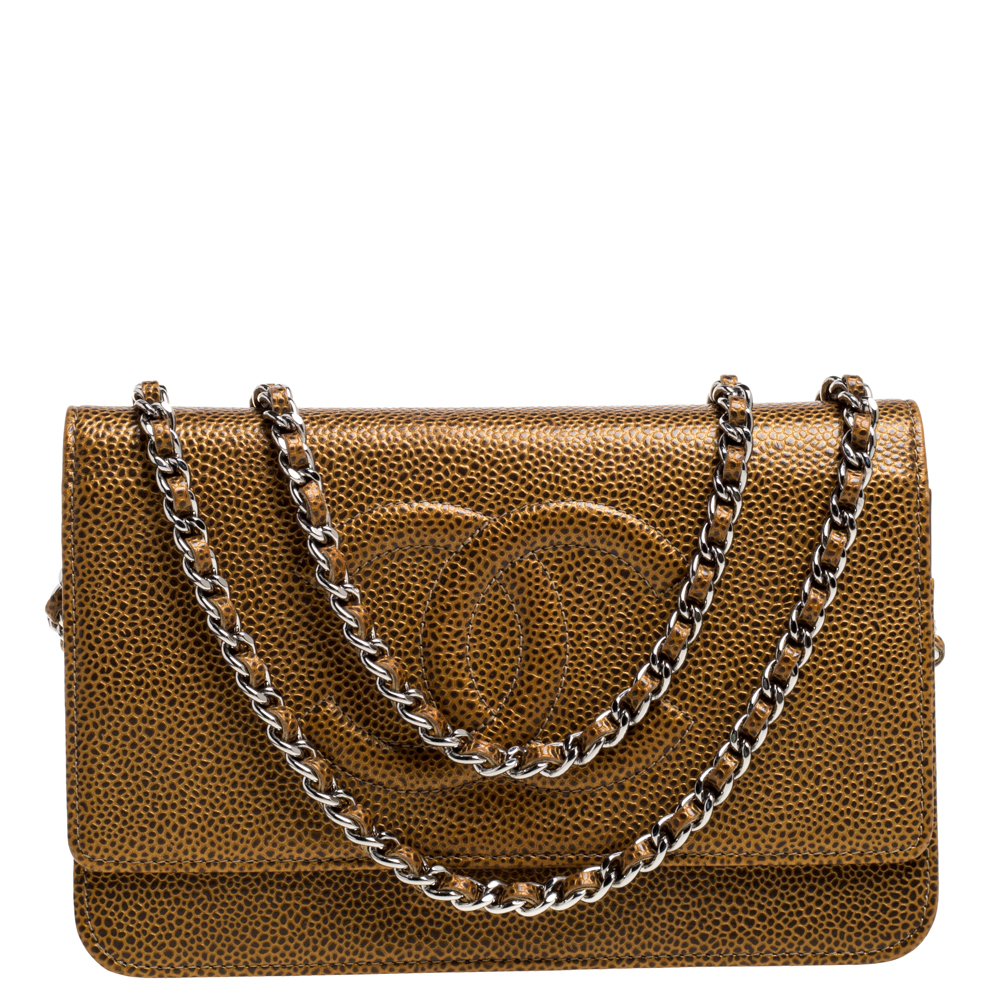 Chanel Gold Caviar Leather CC Timeless Wallet On Chain