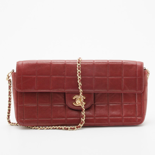 Pre Owned Chanel Burgundy Chocolate Bar Quilted East West Flap Bag
