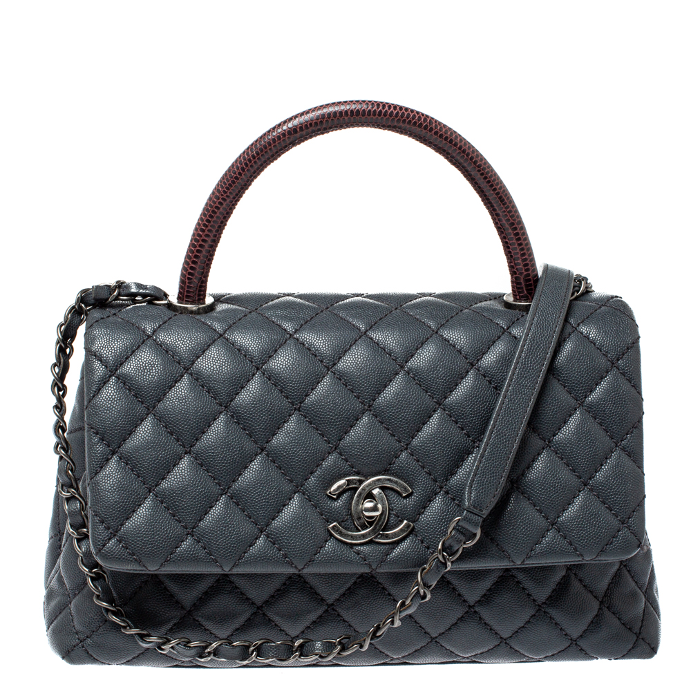 Pre Owned Chanel Grey/Burgundy Caviar Leather and Lizard Medium Coco Top Handle Bag